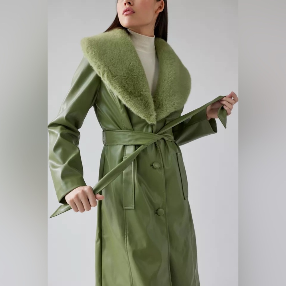 Urban Outfitters Sage Green Trench Coat with Faux Fur Collar